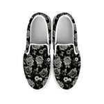 Monochrome Rose Floral Pattern Print White Slip On Sneakers