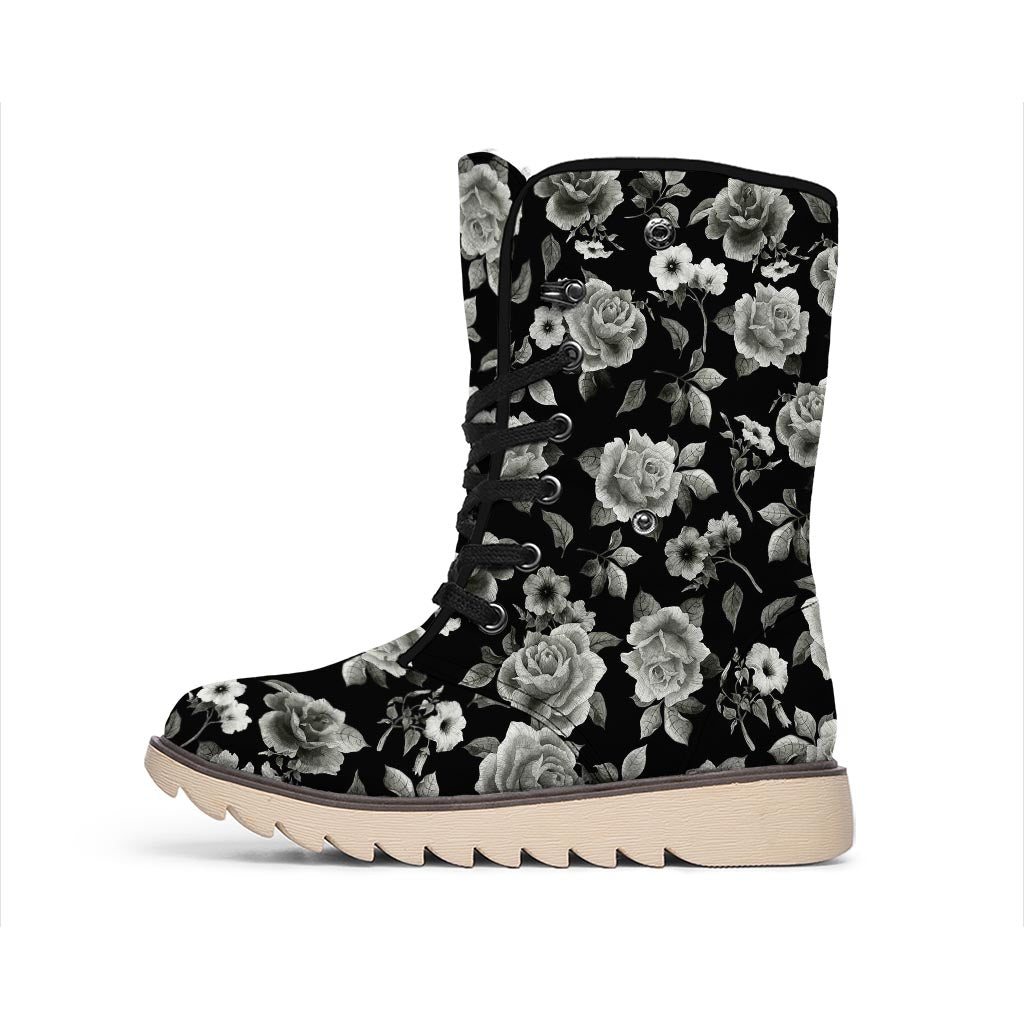 Monochrome Rose Floral Pattern Print Winter Boots