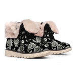 Monochrome Rose Floral Pattern Print Winter Boots