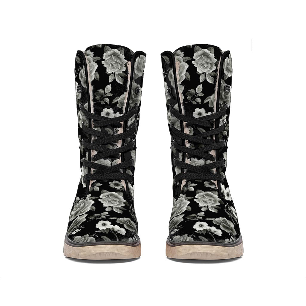 Monochrome Rose Floral Pattern Print Winter Boots