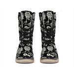 Monochrome Rose Floral Pattern Print Winter Boots