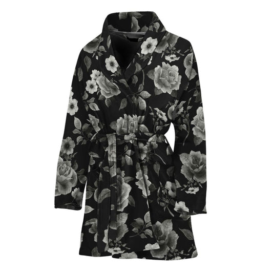 Monochrome Rose Floral Pattern Print Women's Bathrobe