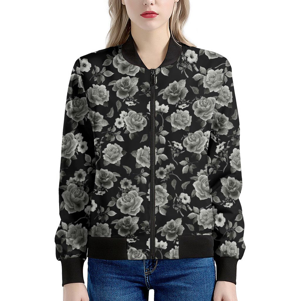 Monochrome Rose Floral Pattern Print Women's Bomber Jacket