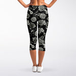 Monochrome Rose Floral Pattern Print Women's Capri Leggings