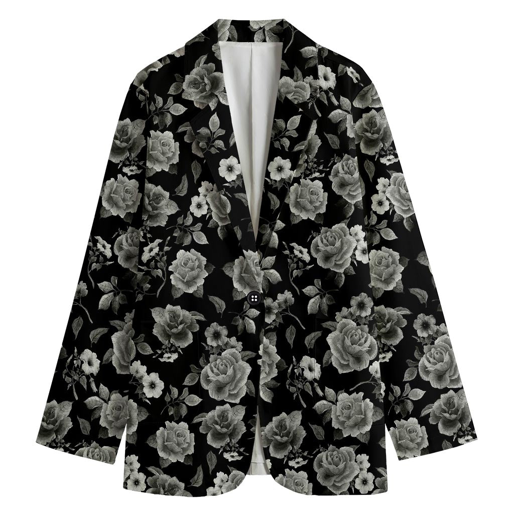 Monochrome Rose Floral Pattern Print Women's Cotton Blazer