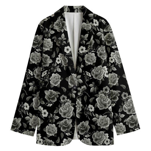 Monochrome Rose Floral Pattern Print Women's Cotton Blazer