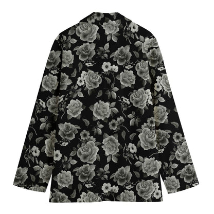 Monochrome Rose Floral Pattern Print Women's Cotton Blazer
