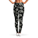 Monochrome Rose Floral Pattern Print Women's Leggings