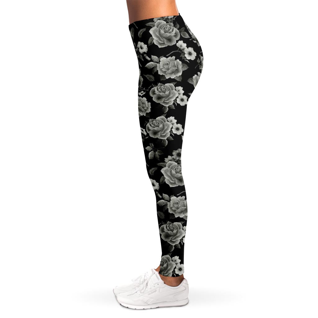 Monochrome Rose Floral Pattern Print Women's Leggings