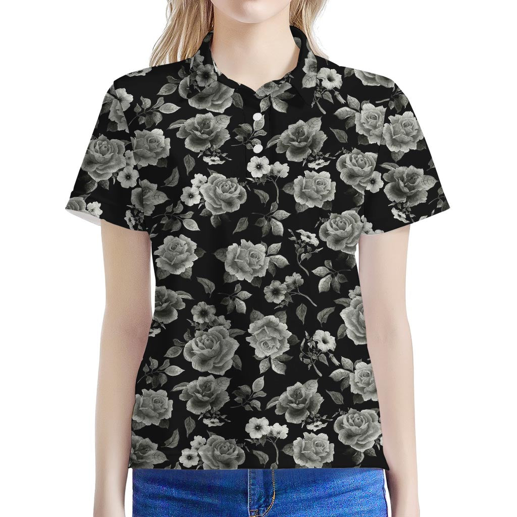 Monochrome Rose Floral Pattern Print Women's Polo Shirt