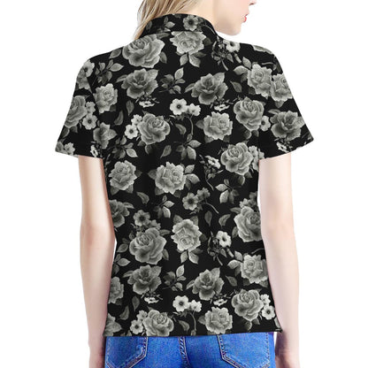 Monochrome Rose Floral Pattern Print Women's Polo Shirt