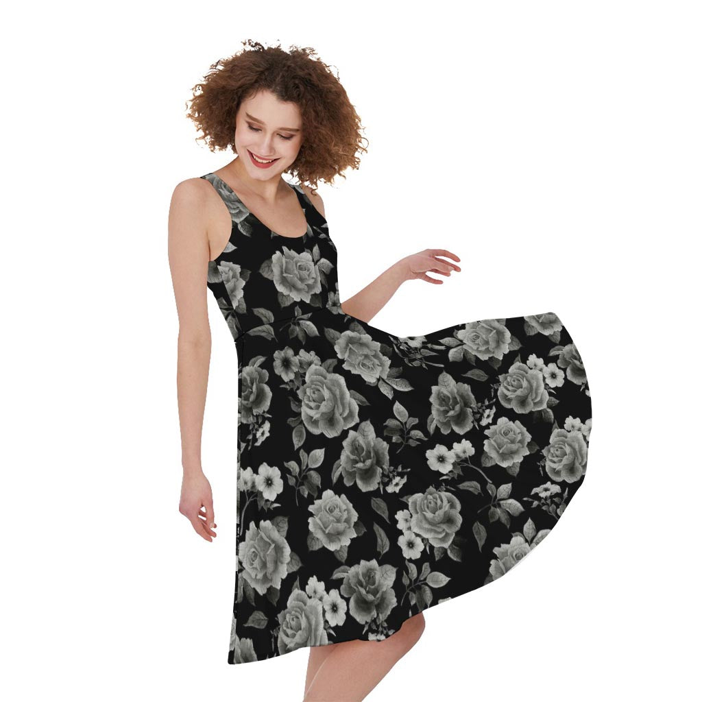 Monochrome Rose Floral Pattern Print Women's Sleeveless Dress
