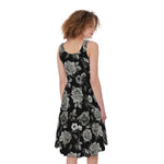Monochrome Rose Floral Pattern Print Women's Sleeveless Dress