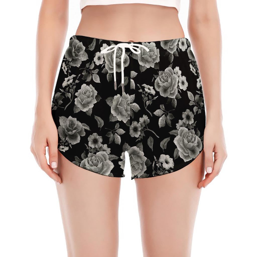 Monochrome Rose Floral Pattern Print Women's Split Running Shorts