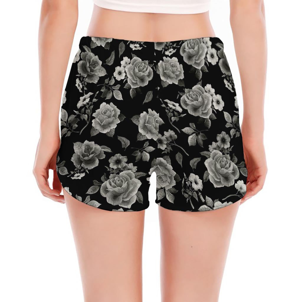 Monochrome Rose Floral Pattern Print Women's Split Running Shorts