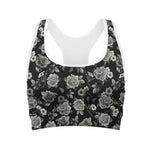 Monochrome Rose Floral Pattern Print Women's Sports Bra