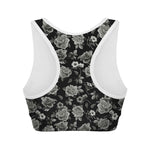 Monochrome Rose Floral Pattern Print Women's Sports Bra