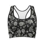 Monochrome Rose Floral Pattern Print Women's Sports Bra