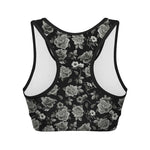 Monochrome Rose Floral Pattern Print Women's Sports Bra