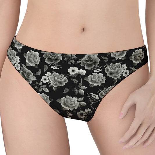 Monochrome Rose Floral Pattern Print Women's Thong