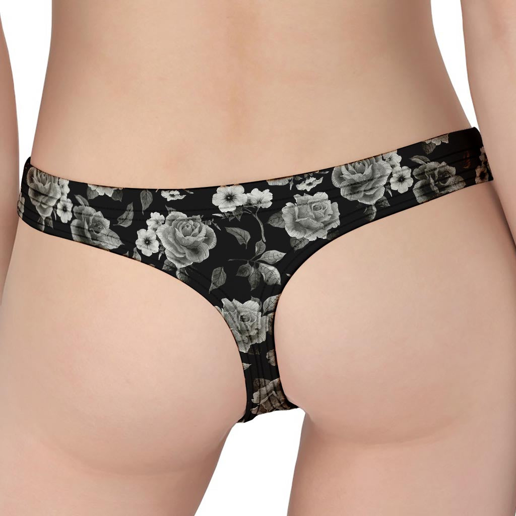 Monochrome Rose Floral Pattern Print Women's Thong