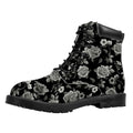 Monochrome Rose Floral Pattern Print Padded Collar Lace Up Boots