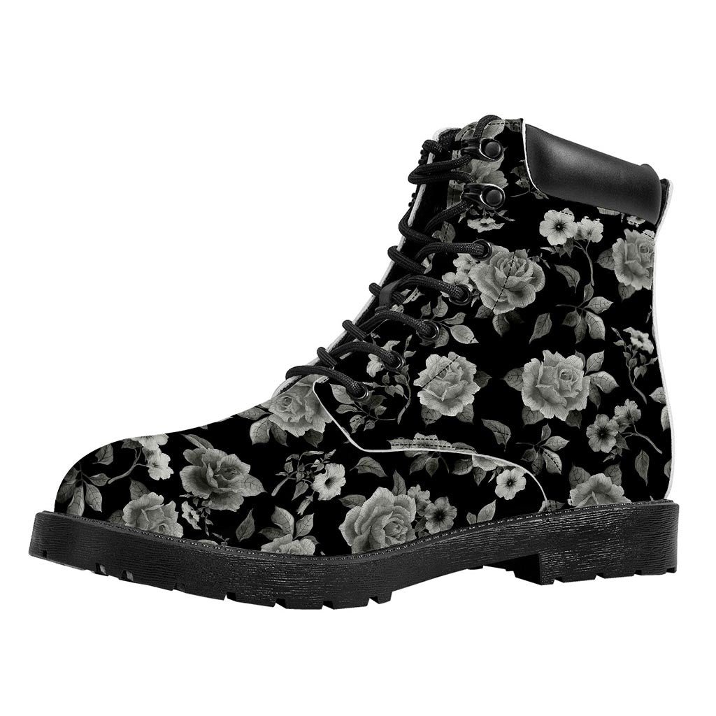 Monochrome Rose Floral Pattern Print Work Boots