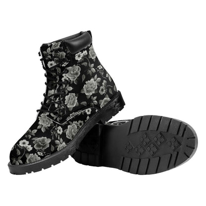 Monochrome Rose Floral Pattern Print Work Boots