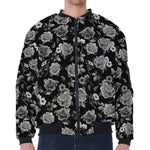 Monochrome Rose Floral Pattern Print Zip Sleeve Bomber Jacket