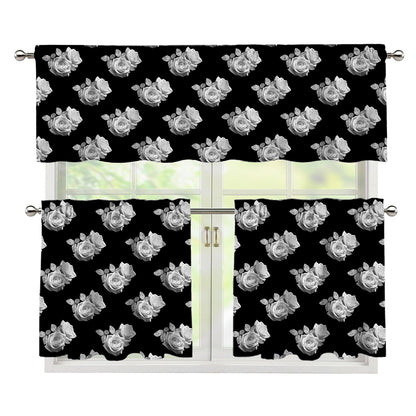 Monochrome Rose Pattern Print 3 Piece Kitchen Curtains