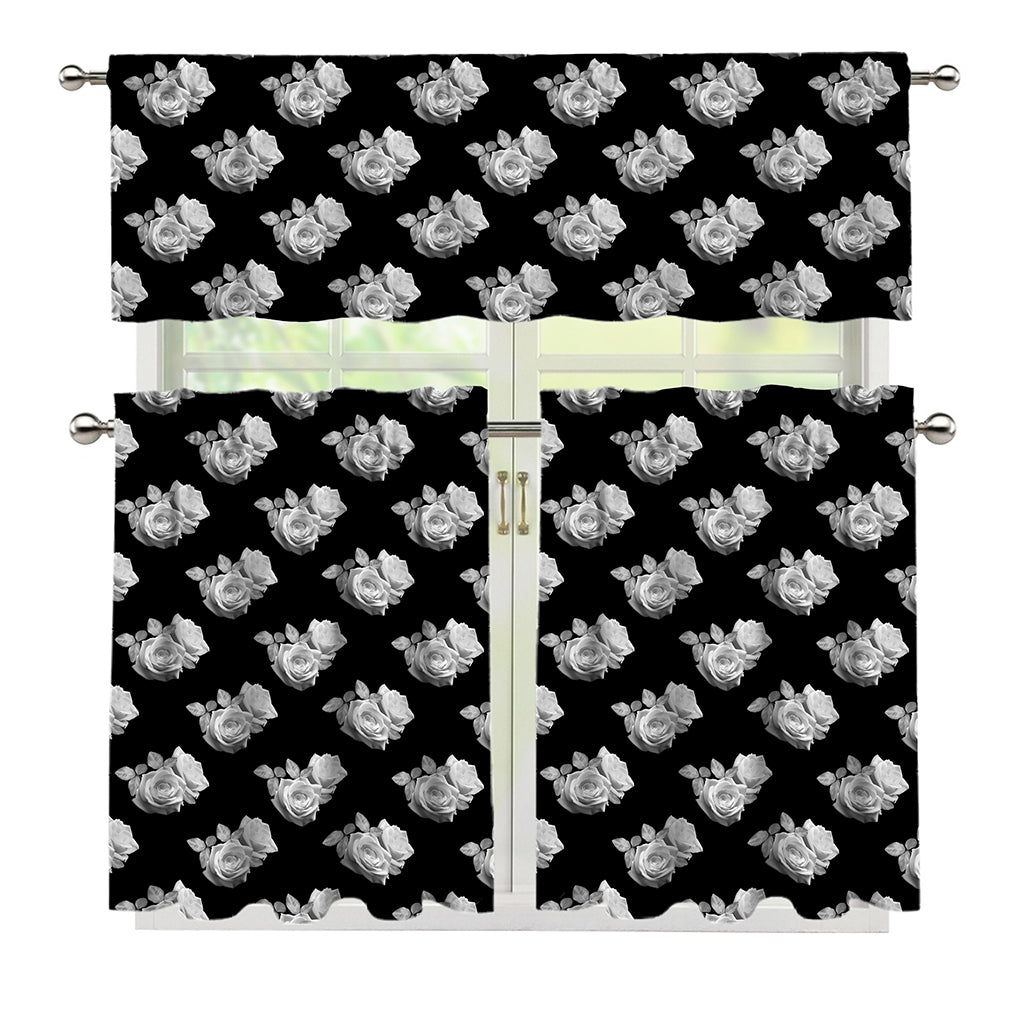 Monochrome Rose Pattern Print 3 Piece Kitchen Curtains