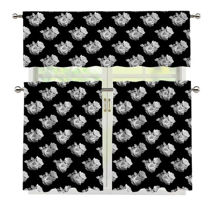 Monochrome Rose Pattern Print 3 Piece Kitchen Curtains