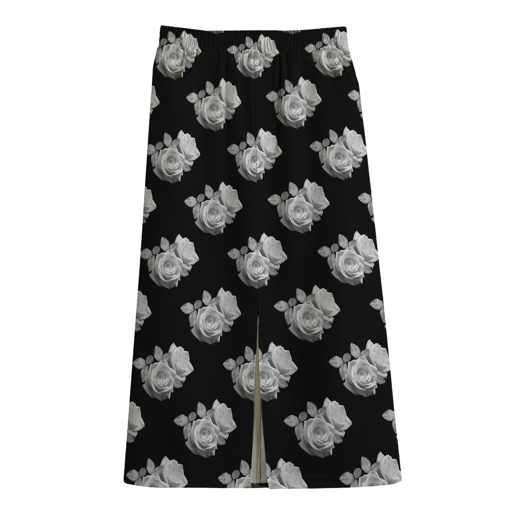 Monochrome Rose Pattern Print Cotton Front Slit Maxi Skirt