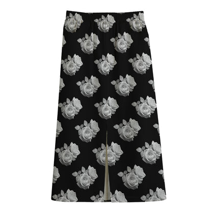 Monochrome Rose Pattern Print Cotton Front Slit Maxi Skirt