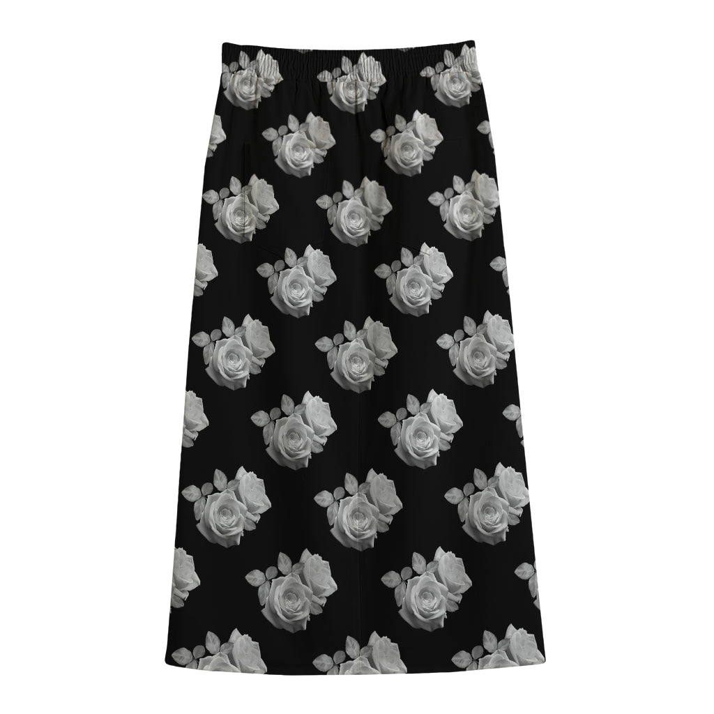 Monochrome Rose Pattern Print Cotton Front Slit Maxi Skirt