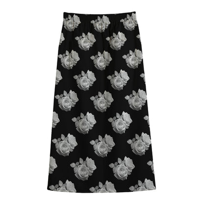 Monochrome Rose Pattern Print Cotton Front Slit Maxi Skirt