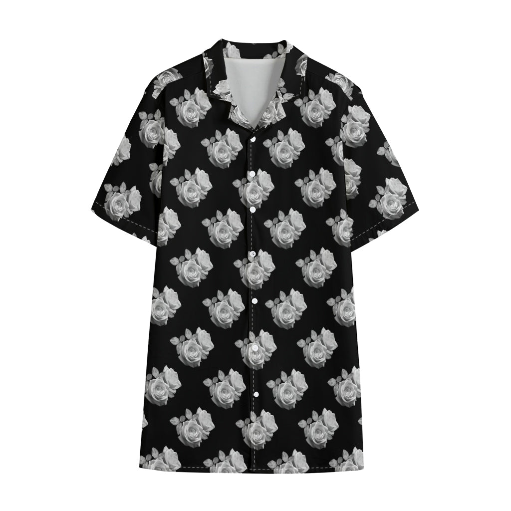 Monochrome Rose Pattern Print Cotton Hawaiian Shirt
