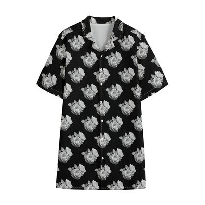 Monochrome Rose Pattern Print Cotton Hawaiian Shirt