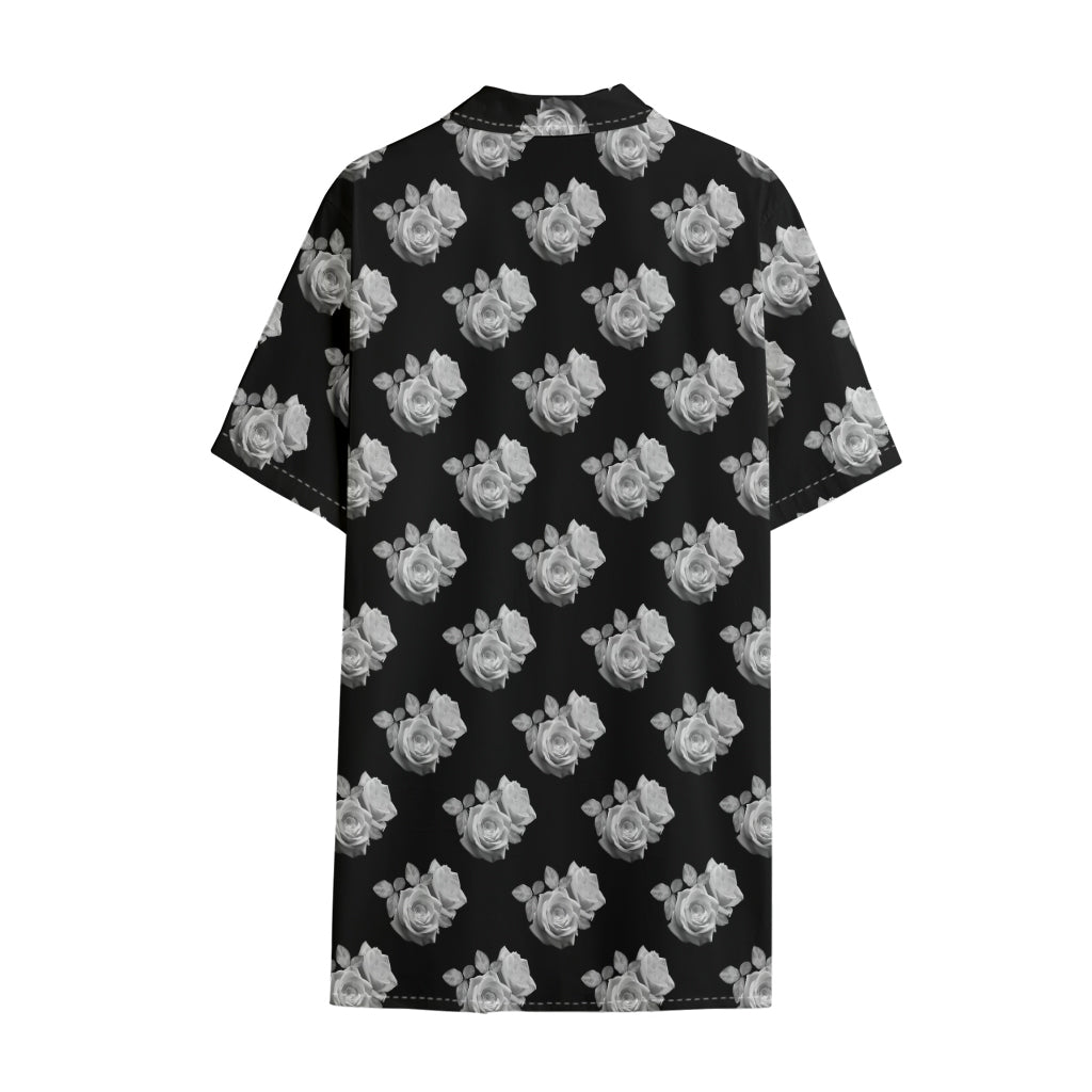 Monochrome Rose Pattern Print Cotton Hawaiian Shirt