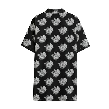 Monochrome Rose Pattern Print Cotton Hawaiian Shirt
