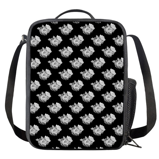 Monochrome Rose Pattern Print Crossbody Lunch Bag