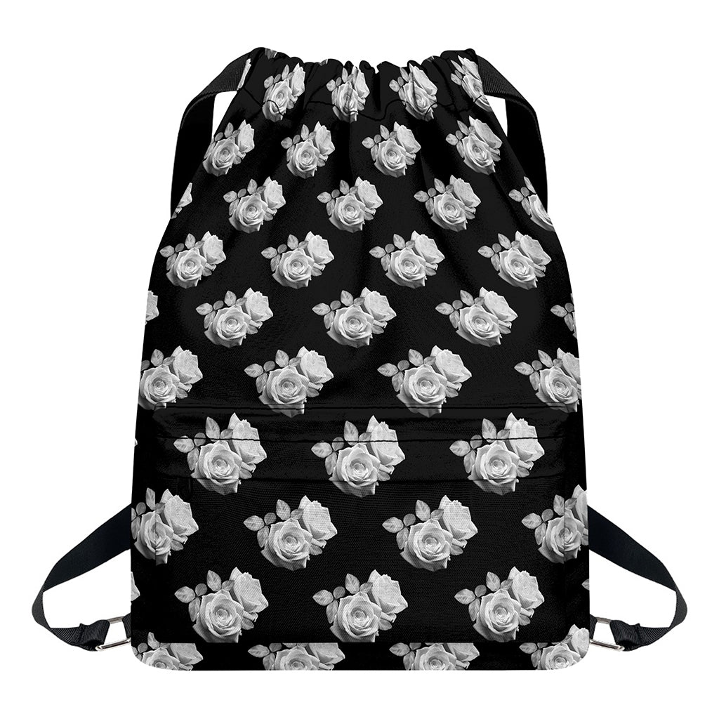 Monochrome Rose Pattern Print Drawstring Backpack