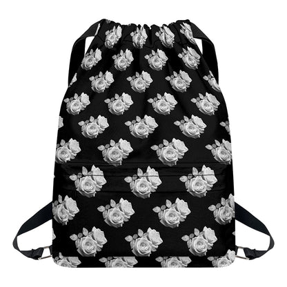 Monochrome Rose Pattern Print Drawstring Backpack