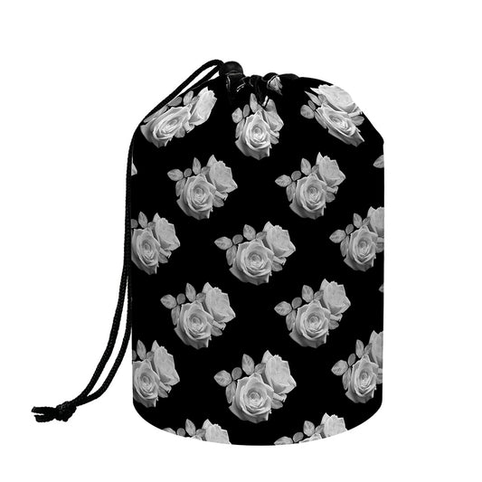 Monochrome Rose Pattern Print Drawstring Makeup Bag