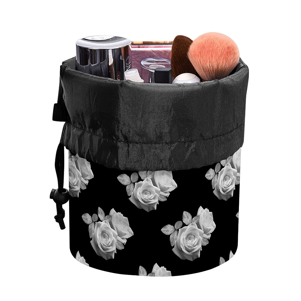 Monochrome Rose Pattern Print Drawstring Makeup Bag