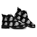 Monochrome Rose Pattern Print Flat Ankle Boots