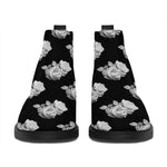 Monochrome Rose Pattern Print Flat Ankle Boots