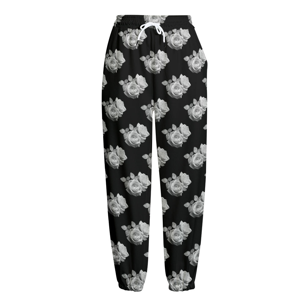 Monochrome Rose Pattern Print Fleece Lined Knit Pants