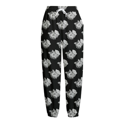 Monochrome Rose Pattern Print Fleece Lined Knit Pants
