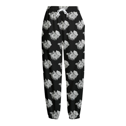 Monochrome Rose Pattern Print Fleece Lined Knit Pants